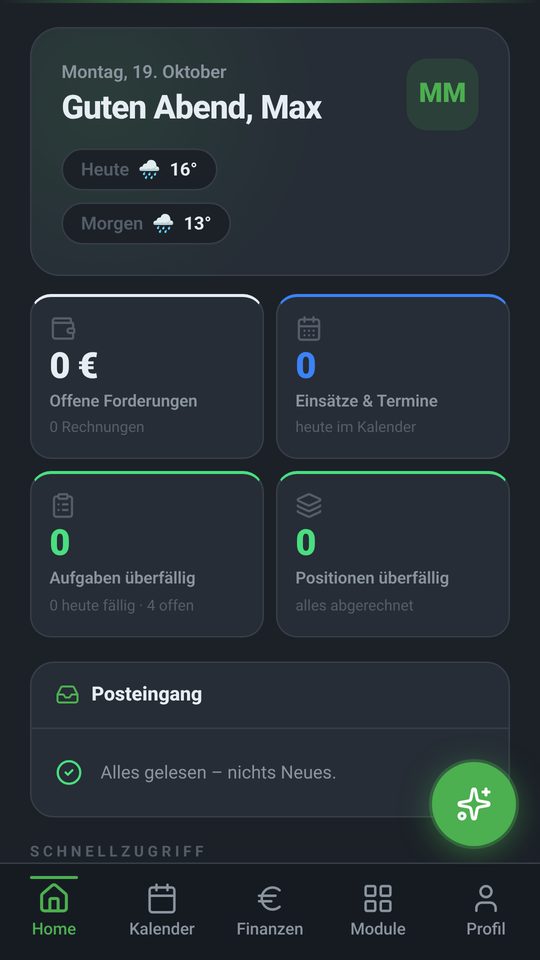 GreenOS Startseite (Testdaten)